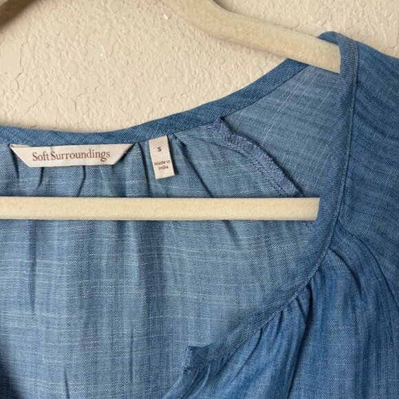 Soft Surroundings Chambray Embroidered Flare Bell Sleeve V-Neck Blouse Top - Picture 2 of 8